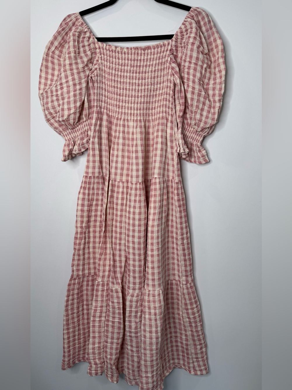 Nothing fits but Kiko Smocked Puff-Sleeve Gingham Maxi Dress Pink sz small - Picture 7 of 9